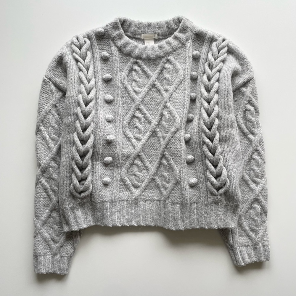 H&M Boxy Gray Cable Popcorn Chunky Knit Oversized Crewneck Wool Blend Sweater XS